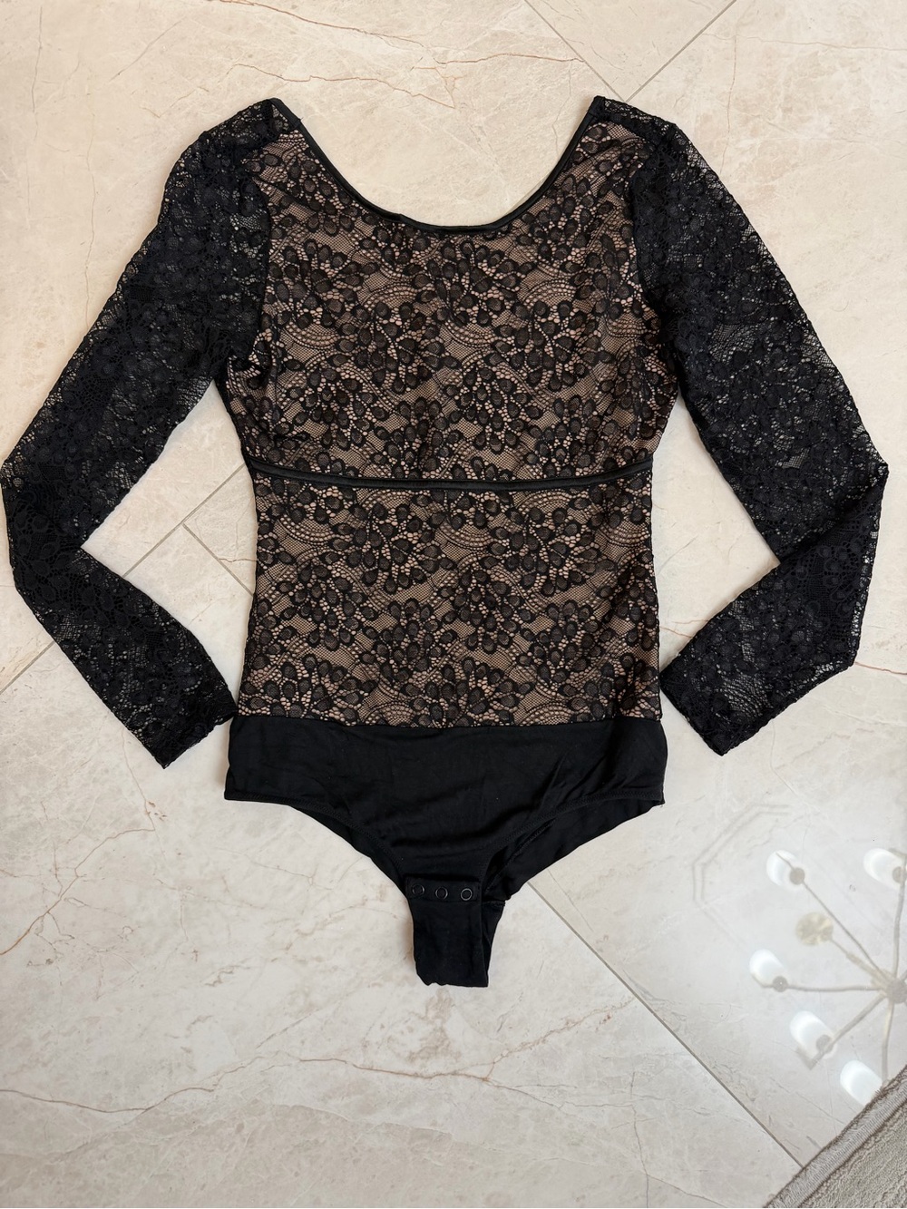 intimissimi Black Lace Long Sleeve Bodysuit with Nude Lining size small